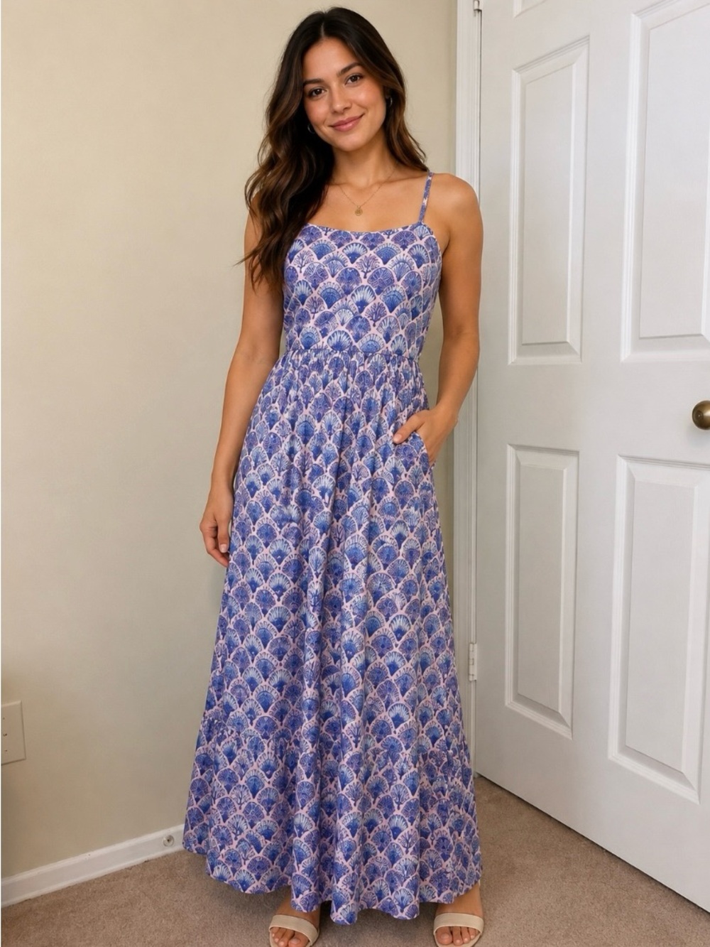 Simply Southern Blue and White Printed Spaghetti-Strap Maxi Dress
